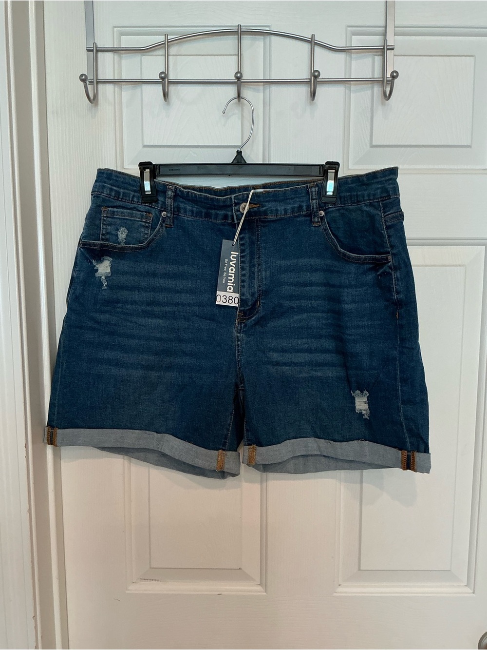 Juvamia Dark Blue Distressed Roll-Cuff Denim Shorts
